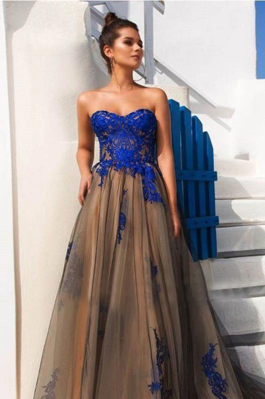 Custom Made Strapless Tulle Champagne Prom Dress with Royal Blue Lace Appliques ,GDC1257-Dolly Gown