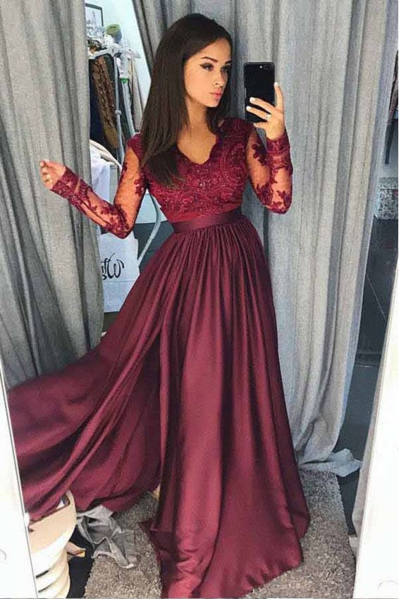 Custom Modest Burgundy Long Sleeve Prom Dress, Pretty Party Dress,GDC1230-Dolly Gown