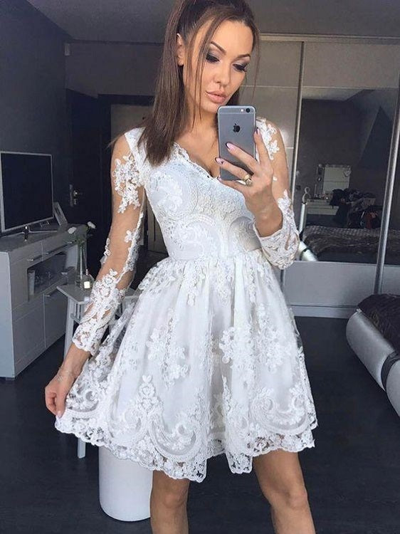 Cute White Lace Short Prom Dress with Sleeves | 8th grade formal dresses