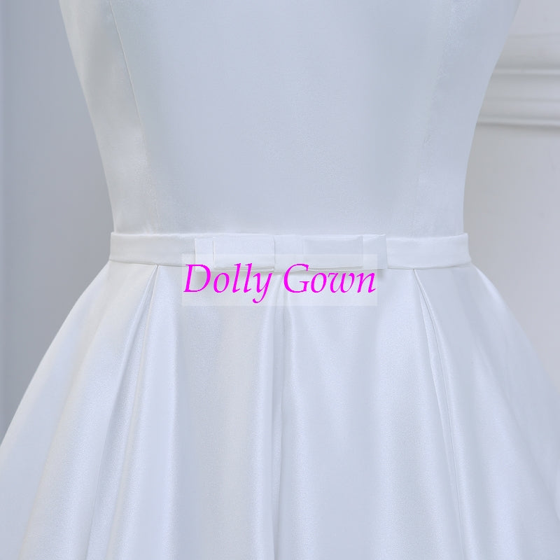 Pretty 50s Inspired Off Shoulders Tea Length Vintage Wedding Dress with Cute Bow at Waist,DO001-Dolly Gown