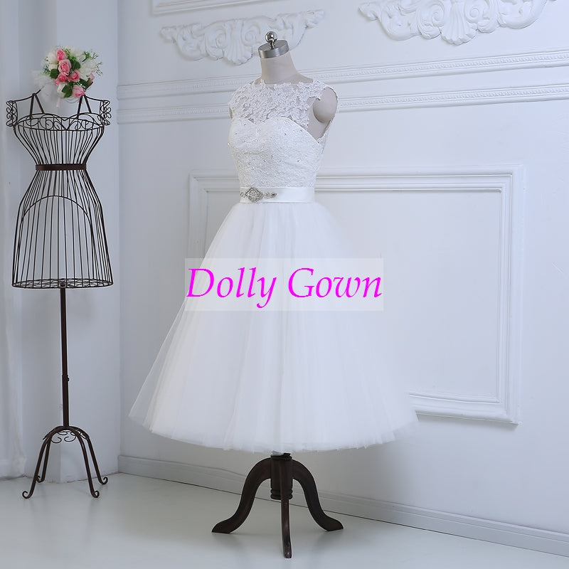 Modest Short Tea Length Lace Wedding Dress with Tulle Bottom Romantic 50s Wedding Dress DO002-Dolly Gown