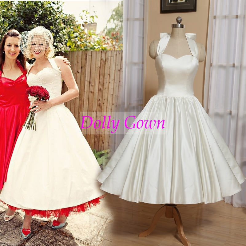 Halter neck Rockabilly tea length wedding dress,1950s Pinup Wedding Gown,Robe De Mariee Courte Pas Cher,20081002-Dolly Gown