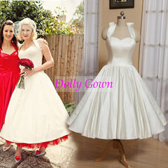 Halter neck Rockabilly tea length wedding dress,1950s Pinup Wedding Gown,Robe De Mariee Courte Pas Cher,20081002-Dolly Gown