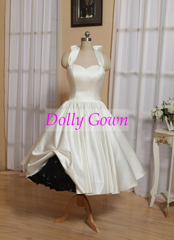 Halter neck Rockabilly tea length wedding dress,1950s Pinup Wedding Gown,Robe De Mariee Courte Pas Cher,20081002-Dolly Gown