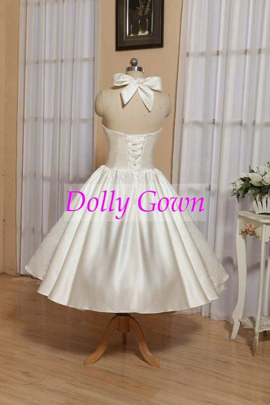 Halter neck Rockabilly tea length wedding dress,1950s Pinup Wedding Gown,Robe De Mariée Courte Pas Cher,20081002-Dolly Gown