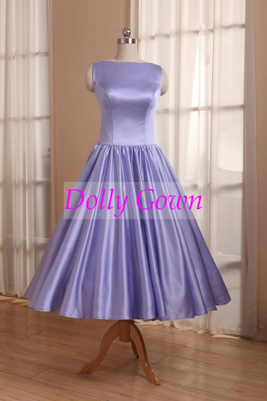 Lavender Tea Length Satin Bateau Neck Modest Vintage Bridesmaid Dresses Country Bridesmaid Dresses 20081104-Dolly Gown
