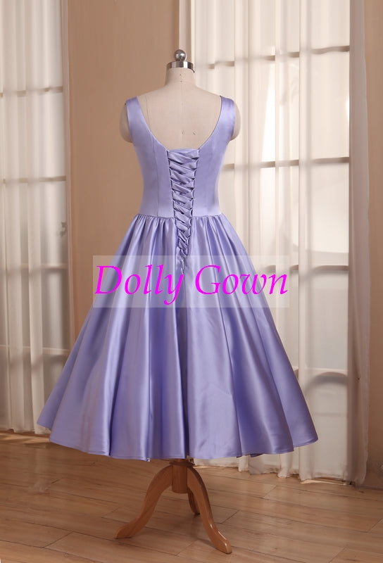 Lavender Tea Length Satin Bateau Neck Modest Vintage Bridesmaid Dresses Country Bridesmaid Dresses 20081104-Dolly Gown