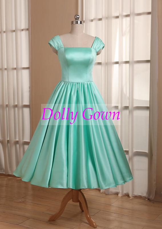 Mint Green Tea Length 50s Style Bridesmaid Dress Vintage bridesmaid dresses under 100-Dolly Gown