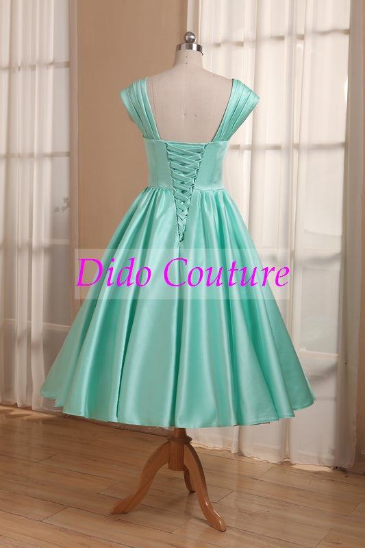 Mint Green Tea Length 50s Style Bridesmaid Dress Vintage bridesmaid dresses under 100-Dolly Gown