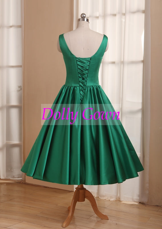 Emerald Green Bridesmaid Dress,Scoop Neck Tea Length 50s Style Bridesmaid Dress under $100-Dolly Gown