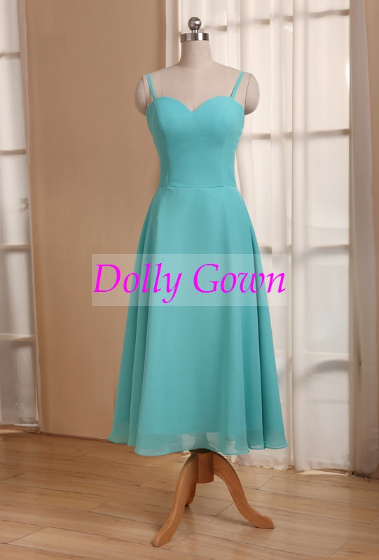 Blue Tea Length 50s Style Bridesmaid Dresses with Spaghetti Straps,20081105-Dolly Gown