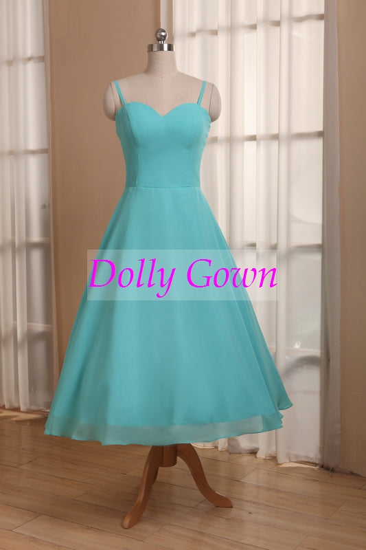 Blue Tea Length 50s Style Bridesmaid Dresses with Spaghetti Straps,20081105-Dolly Gown