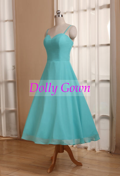 Blue Tea Length 50s Style Bridesmaid Dresses with Spaghetti Straps,20081105-Dolly Gown