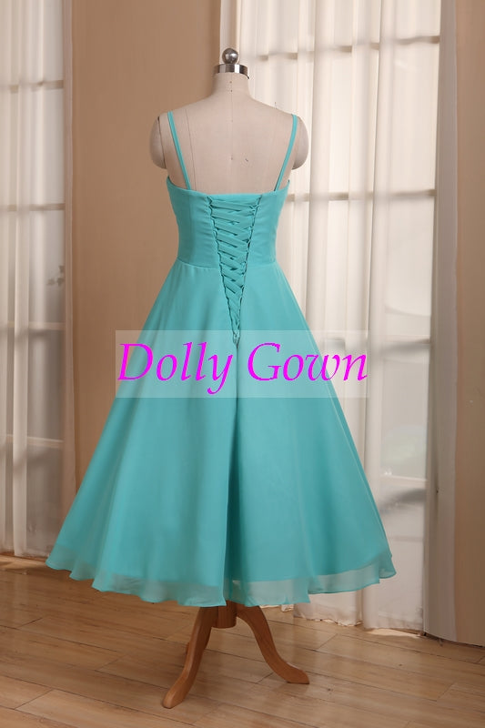 Blue Tea Length 50s Style Bridesmaid Dresses with Spaghetti Straps,20081105-Dolly Gown
