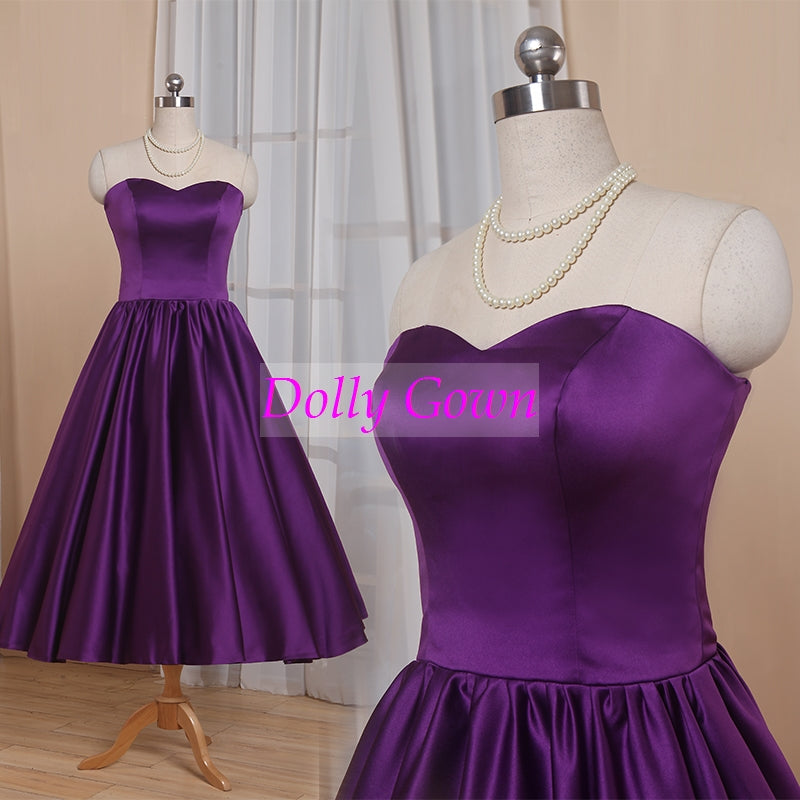 Purple Sweetheart 1950's Tea Length Country Style Vintage Bridesmaid Dresses-Dolly Gown
