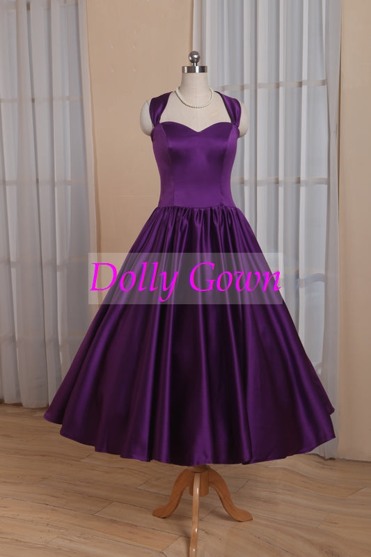 Vintage Purple Country Halter Neck Tea Length 50s Style Bridesmaid Dresses Vintage Purple Country Halter Neck Tea Length 50s Style Bridesmaid Dresses