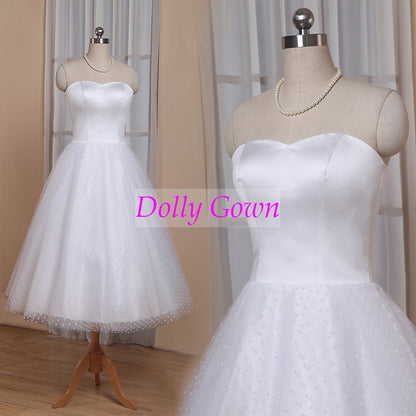 1950s Pin Up Rockabilly Polka Dots Strapless Tea Length Wedding Dresses with Sleeves,GDC1522 - DollyGown