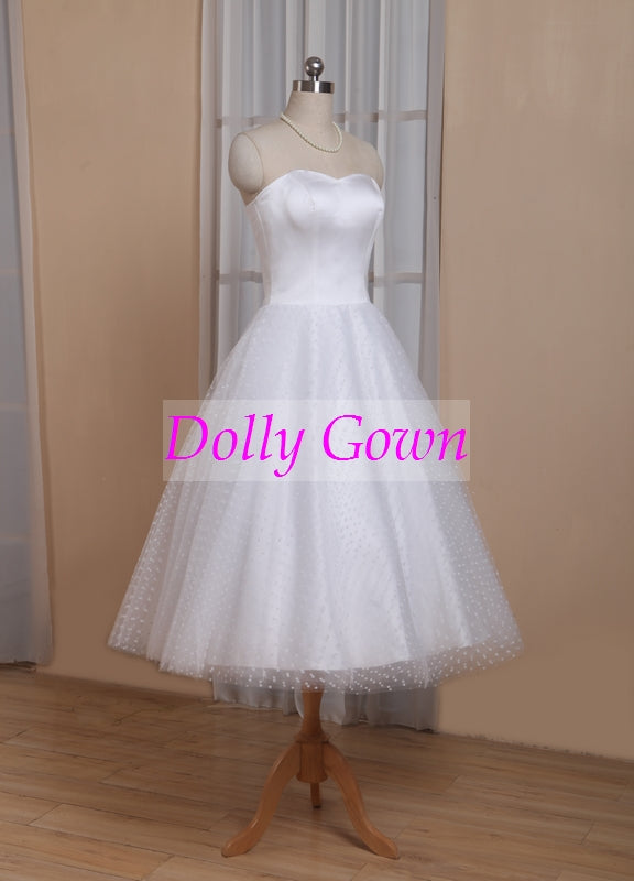 1950s Pin Up Rockabilly Polka Dots Strapless Tea Length Wedding Dresses with Sleeves 1950s Pin Up Rockabilly Polka Dots Strapless Tea Length Wedding Dresses with Sleeves