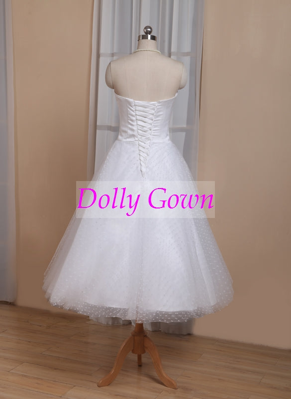 1950s Pin Up Rockabilly Polka Dots Strapless Tea Length Wedding Dresses with Sleeves,GDC1522 - DollyGown