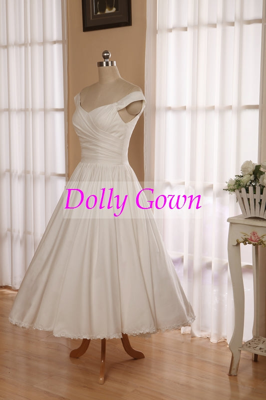 Vintage 1950s inspired  Off Shoulders Cotton Tea Length Wedding Dress with Lace Hemline