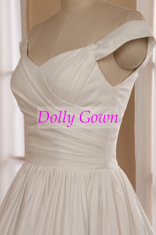 Vintage 1950s inspired  Off Shoulders Cotton Tea Length Wedding Dress with Lace Hemline