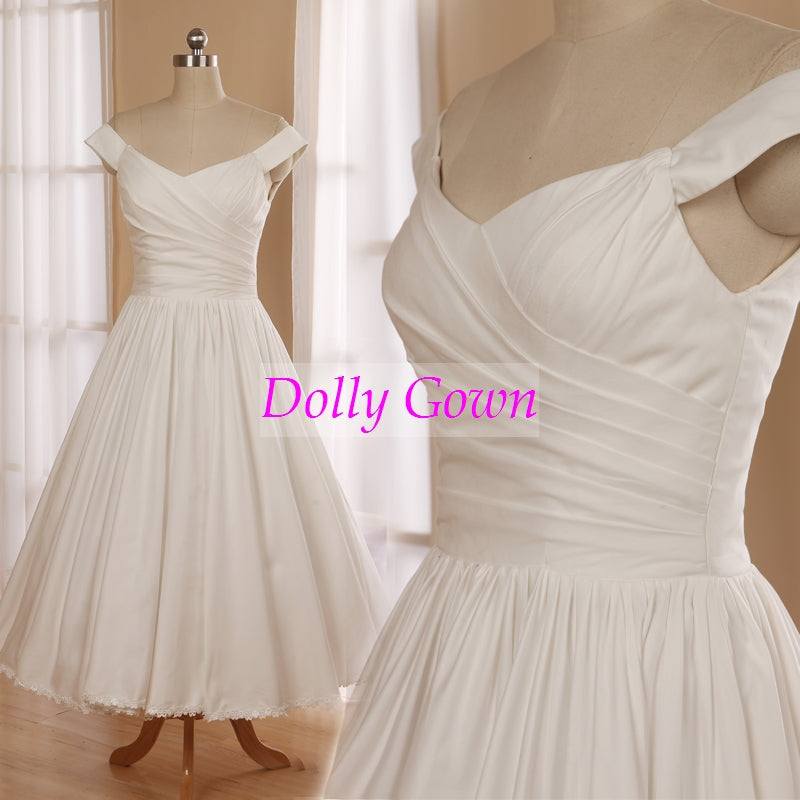 Vintage 1950s inspired  Off Shoulders Cotton Tea Length Wedding Dress with Lace Hemline