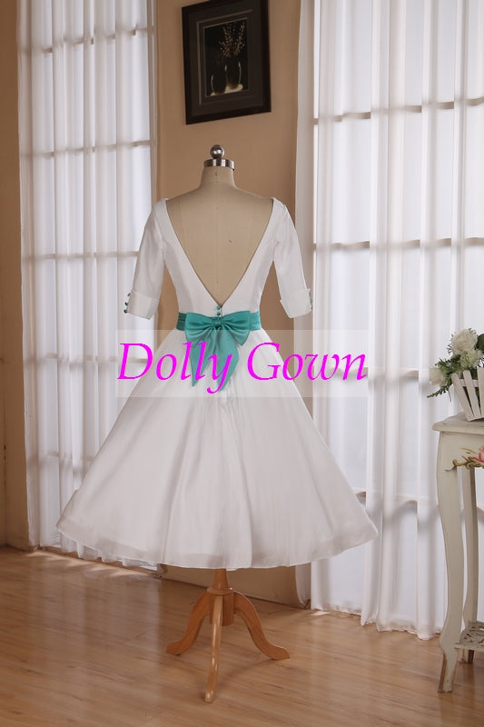 Backless 50s Tea Length Wedding Dress with Sleeves | Deep V Back Vintage Short Wedding Gown with Pockets Backless 50s Tea Length Wedding Dress with Sleeves | Deep V Back Vintage Short Wedding Gown with Pockets