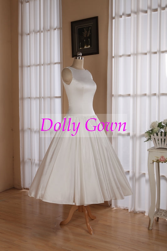 Modest Bateau Ankle Length Vintage inspired 50s Wedding Dress(Plus Size available),20072802-Dolly Gown