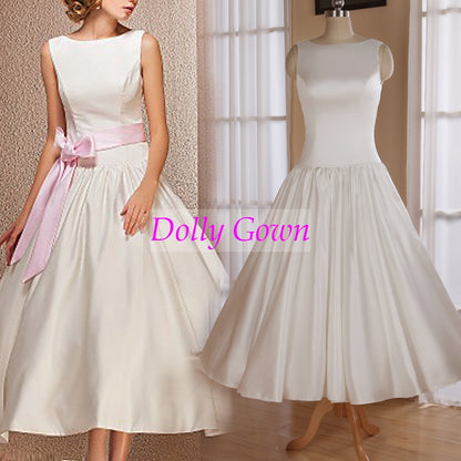 Modest Bateau Ankle Length Vintage inspired 50s Wedding Dress(Plus Size available),20072802-Dolly Gown