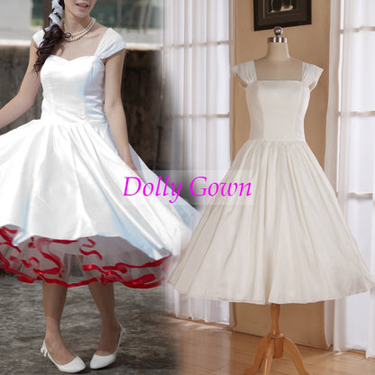 Romantic Rockabilly 50s Pip Up Wedding Dresses with Wide Pleated Strapes,20072804-Dolly Gown
