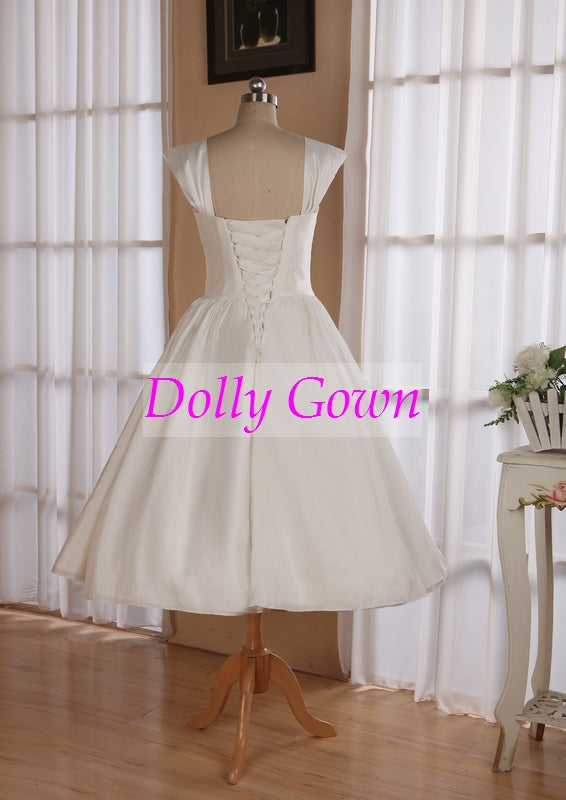 Romantic Rockabilly 50s Pip Up Wedding Dresses with Wide Pleated Strapes,20072804-Dolly Gown