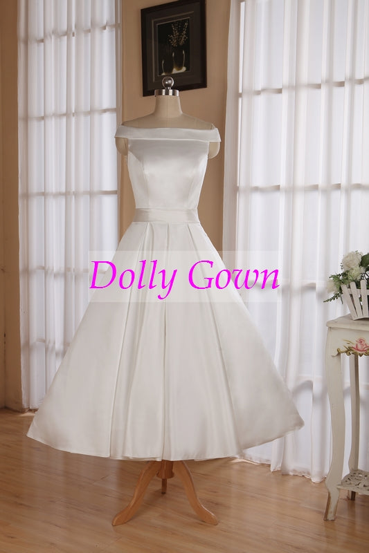 1950's Vintage Style Simple Off Shoulders Tea Length Wedding Dress with Box Pleats Waitline,20072805 - DollyGown