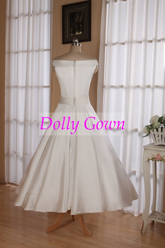 1950's Vintage Style Simple Off Shoulders Tea Length Wedding Dress with Box  Pleats Waitline,20072805