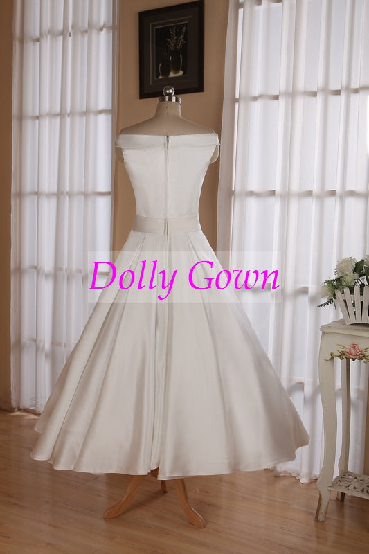 1950's Vintage Style Simple Off Shoulders Tea Length Wedding Dress with Box Pleats Waitline,20072805 - DollyGown