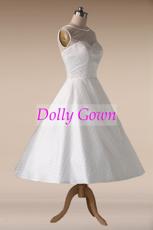 1950s Polka Dotted Vintage Wedding Dress Tea Length with Satin Binding,Pin Up 50s Style Short Wedding Dress,DO021 - DollyGown
