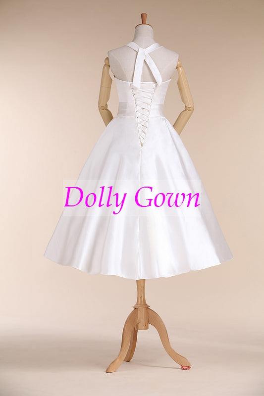 Halter Neck Simple Short Wedding Dress 1950s Pinup Wedding Dress,Robe De Mariee Courte,10072806-Dolly Gown
