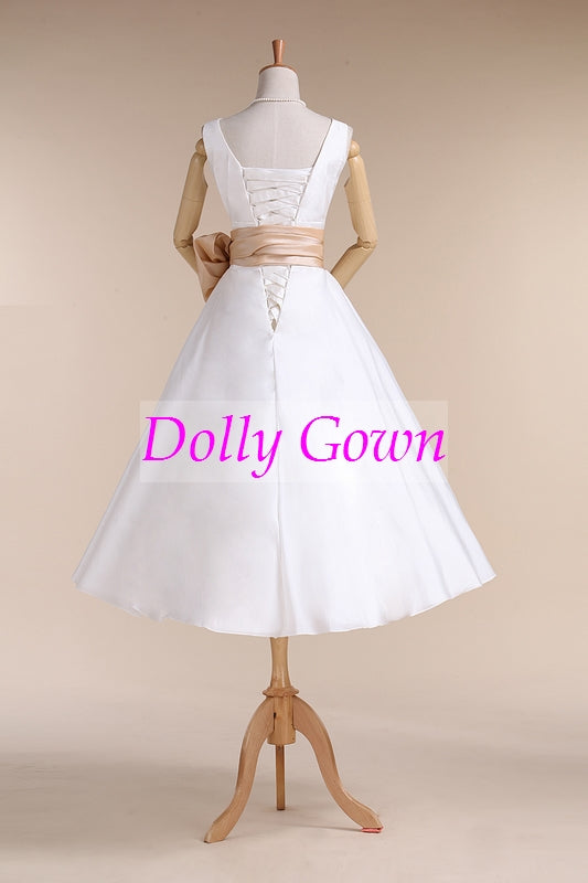 V Neck 50s Style Rockabilly Wedding Dress with Champagne Wait Belt for  Older Brides,20072808