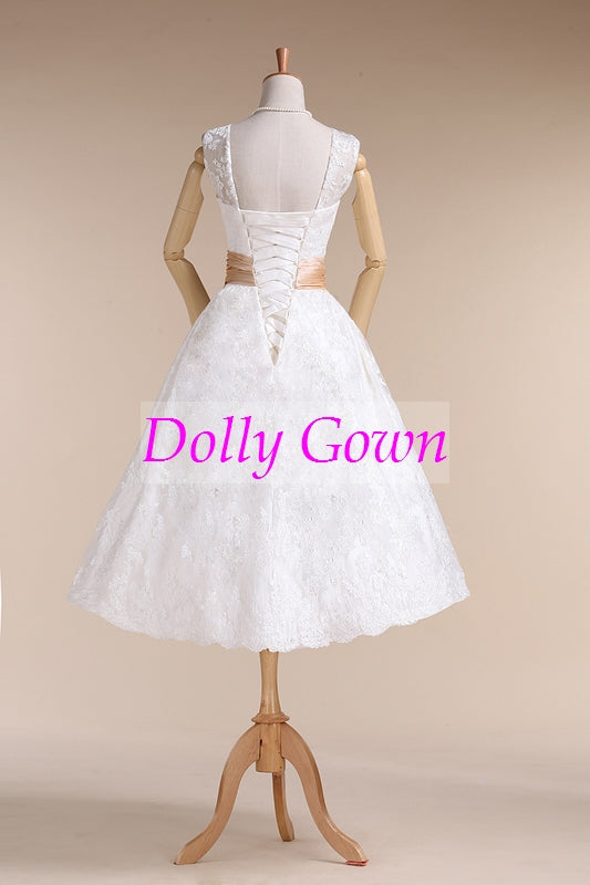 Audery Hepburn 50s Style V neck Tea Length Lace Wedding Dresses,20072809-Dolly Gown
