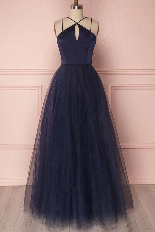 Dark Navy Tulle Simple Senior Prom Dress,Long Party Formal Gown,GDC1132-Dolly Gown