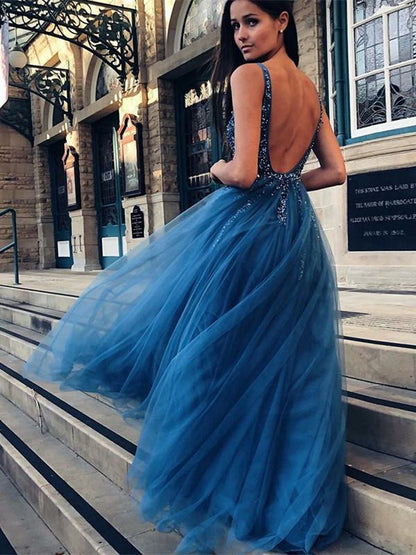 Dazzing Blue Stylish Formal Tulle Prom Dress for Girls,GDC1037-Dolly Gown