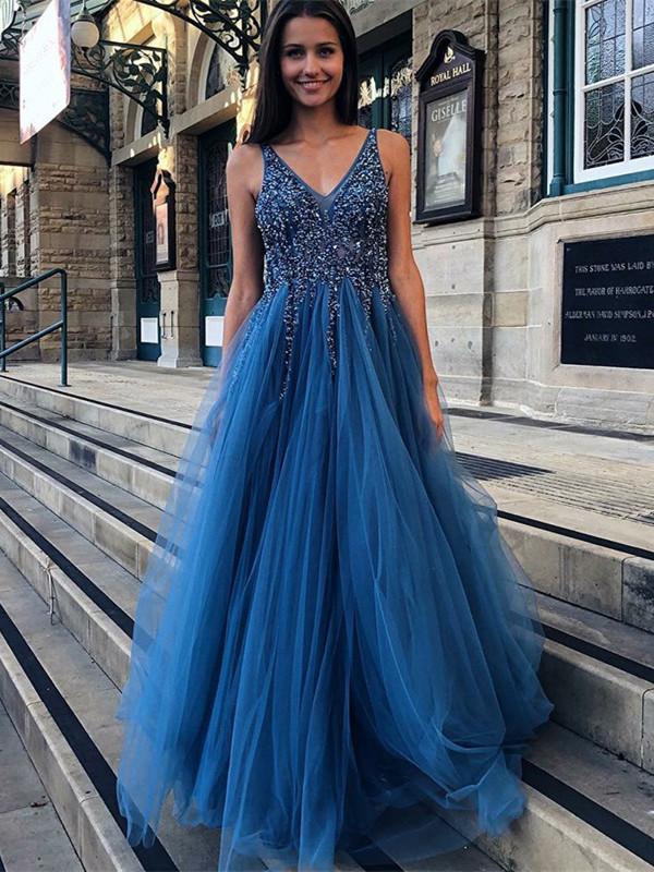 Dazzing Blue Stylish Formal Tulle Prom Dress for Girls,GDC1037-Dolly Gown