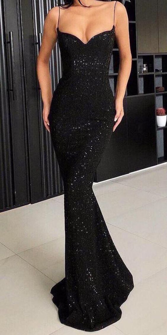Dazzling Spaghetti Straps Mermaid Black Prom Dress Dazzling Spaghetti Straps Mermaid Black Prom Dress