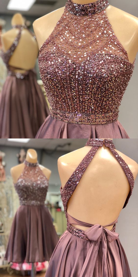 Dazzling Open Back Halter Short Bead Homecoming Dress | Sweet 16 Graduation Dress Dazzling Open Back Halter Short Bead Homecoming Dress | Sweet 16 Graduation Dress