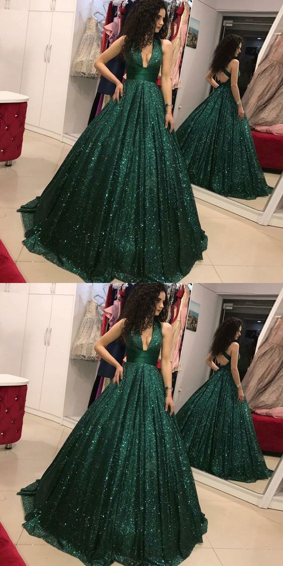 Halter Emerald Green Sequins Ball Gown Prom Dress Halter Emerald Green Sequins Ball Gown Prom Dress