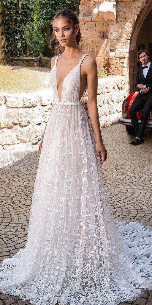 Deep-V Neck 3D Floral Lace Romantic A line Boho Wedding Dress, Robe de mariee,GDC1050-Dolly Gown