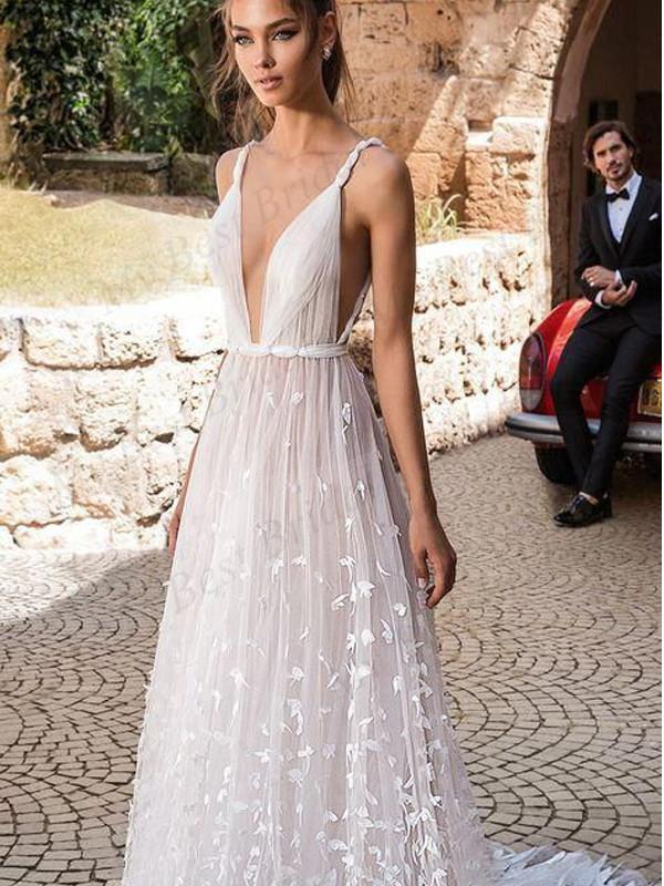 Deep-V Neck 3D Floral Lace Romantic A line Boho Wedding Dress, Robe de mariee,GDC1050-Dolly Gown