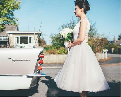 Delicate Scoop Neck Tea Length Vintage 1950s Wedding Dress,Barn Wedding Dresses,20110640-Dolly Gown