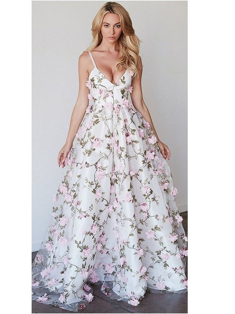 Delicate White Prom Dress with 3D flowers Lace