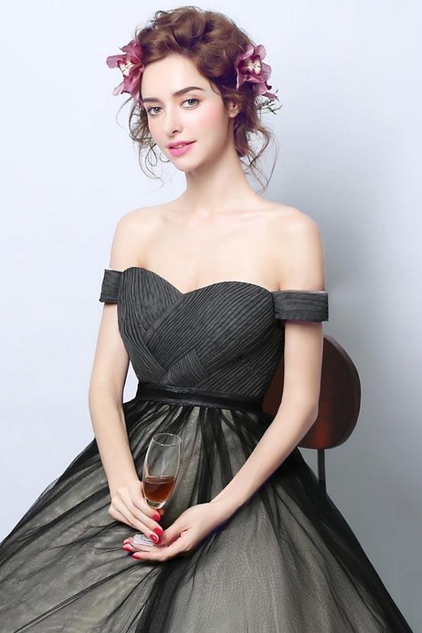 Delicate Black Tulle Off Shoulders Princess Ball Gown Wedding Dress,GDC1218-Dolly Gown