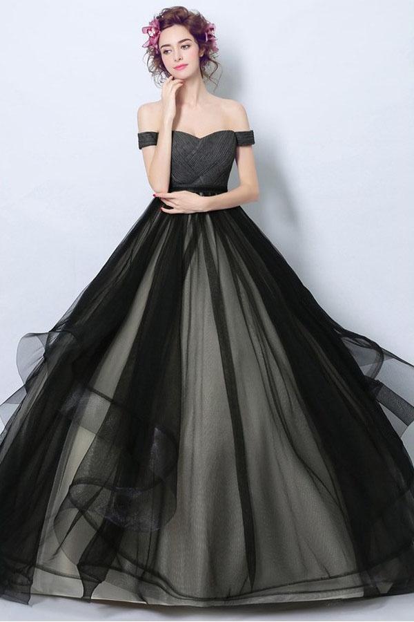 Delicate Black Tulle Off Shoulders Princess Ball Gown Wedding Dress,GDC1218-Dolly Gown